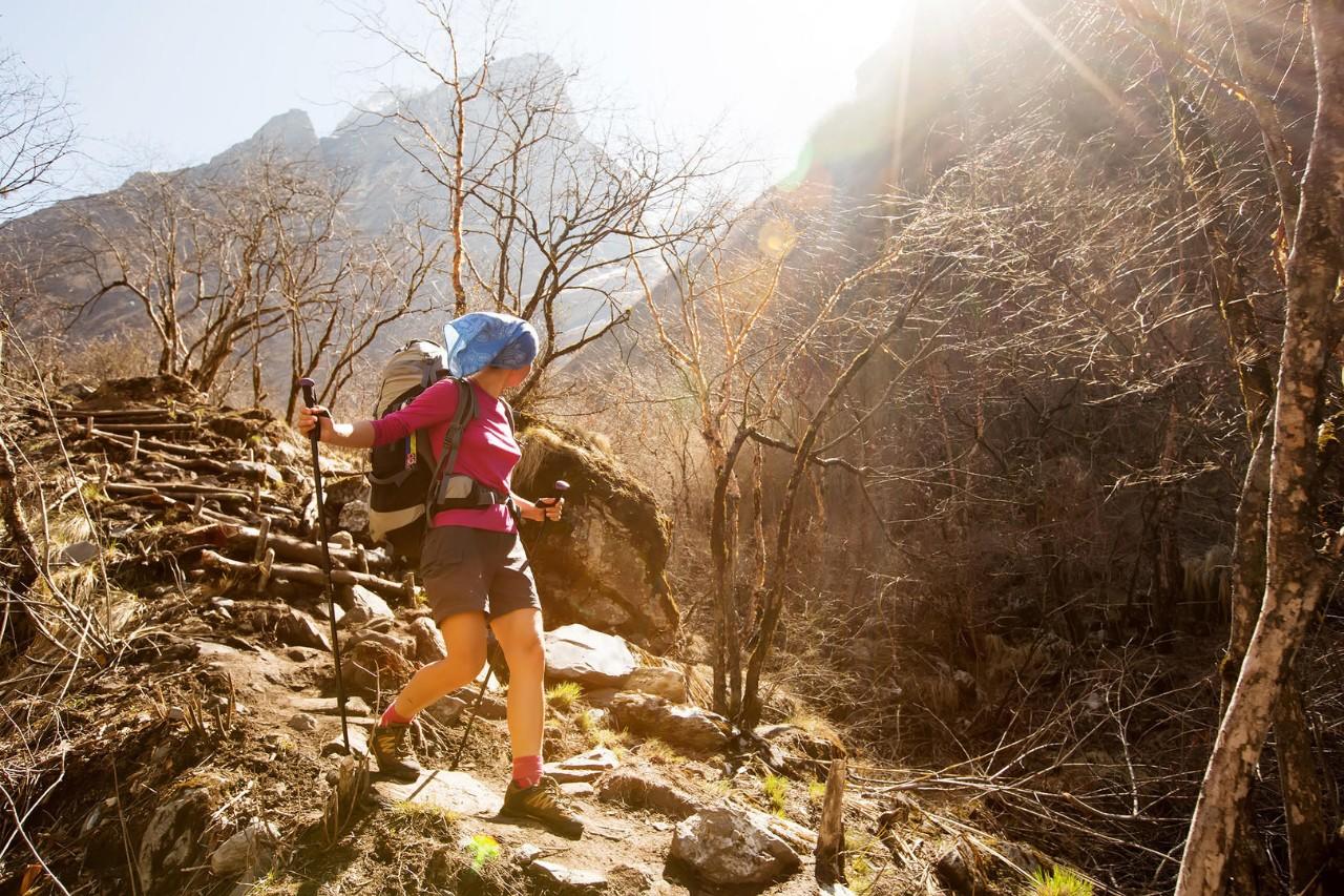 Hiker on the trek in Himalayas, Anapurna valley, Nepal